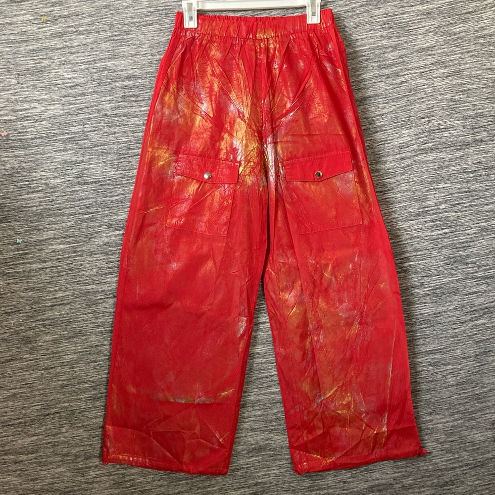 Stylish Red with Gold Splashes Wide Leg Cargo Pants